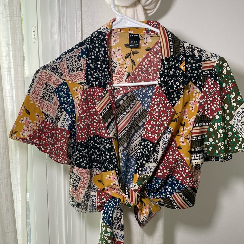 Mixed Print Tie Front Crop Top, XS